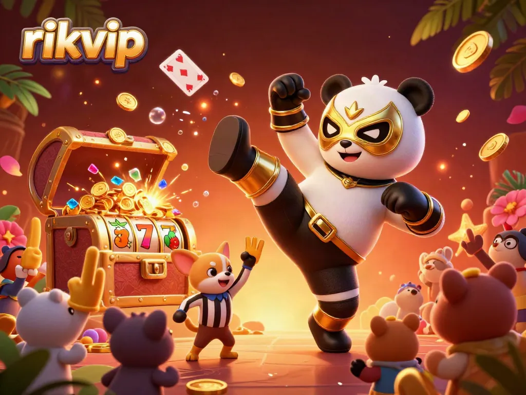Join the fun at rikvip with thrilling games featuring a panda hero and energetic crowd in a lively casino setting.