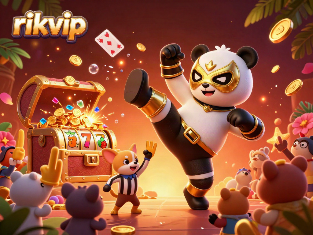 Join the fun at rikvip with thrilling games featuring a panda hero and energetic crowd in a lively casino setting.
