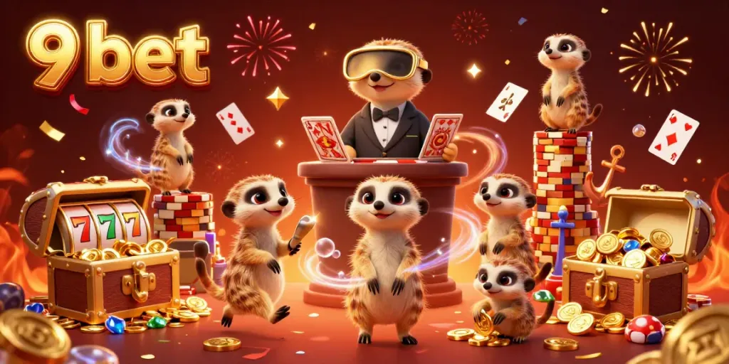 Experience dynamic gaming with 9 bet meerkats running a casino amidst festive chaos.