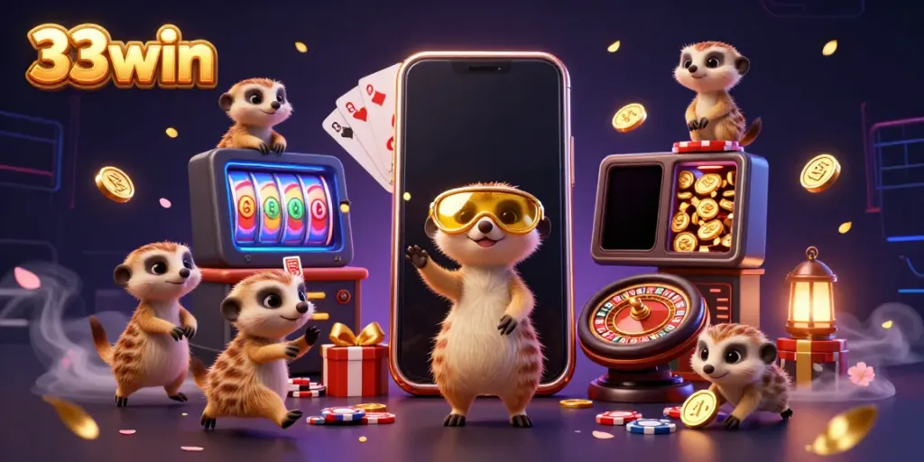 Experience the excitement of 33win with meerkats in a vibrant casino environment, showcasing thrilling games.