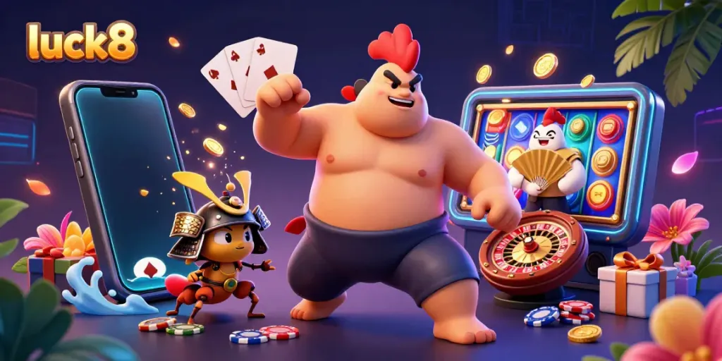 Experience luck8's vibrant gaming scene with a powerful sumo rooster and special characters amid exciting casino elements.