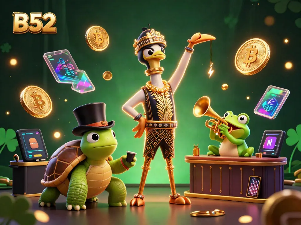 Engage with B52's thrilling casino games showcased by lively cartoon characters in a vibrant digital scene.
