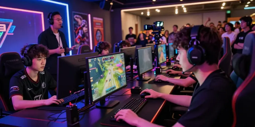 Exciting esports tournament scene featuring players immersed in the game on high-res monitors with LED ambiance, capturing the spirit of tusuk88.