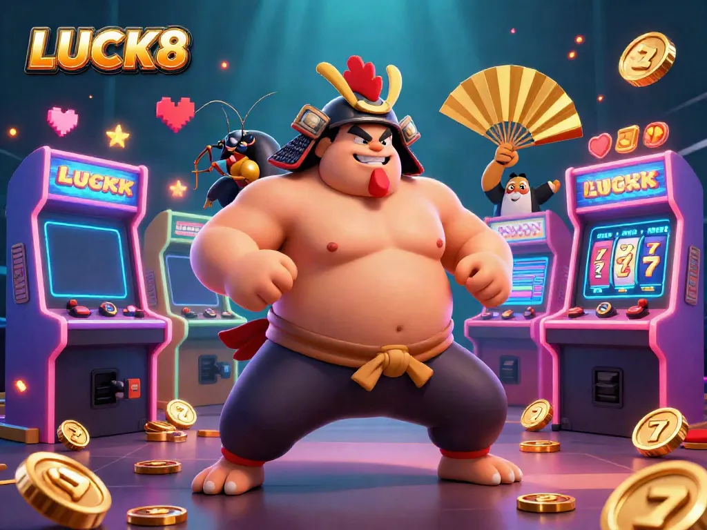 Experience the excitement of LUCK8 with a dynamic 3D casino scene featuring unique characters and vibrant game elements.