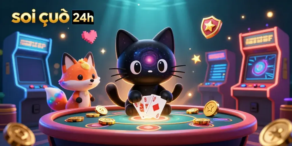 Soi cầu 24h showcases a cosmic casino scene with a black hole cat and nebula fox, enriching gaming dynamics.