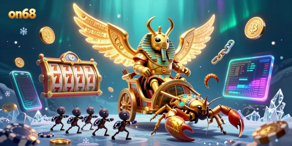 Join the on68 adventure with exciting slot reels and crypto elements in a captivating casino scene.