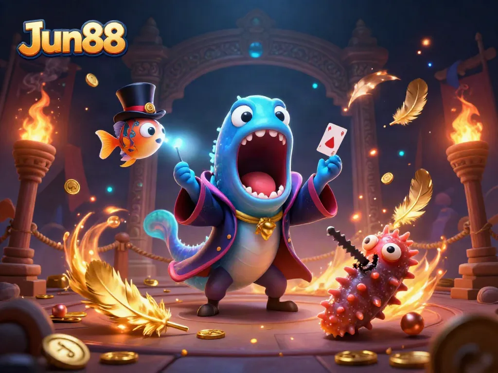 Experience thrilling gameplay with Jun88's dynamic illustrations featuring unique casino characters and vibrant elements.