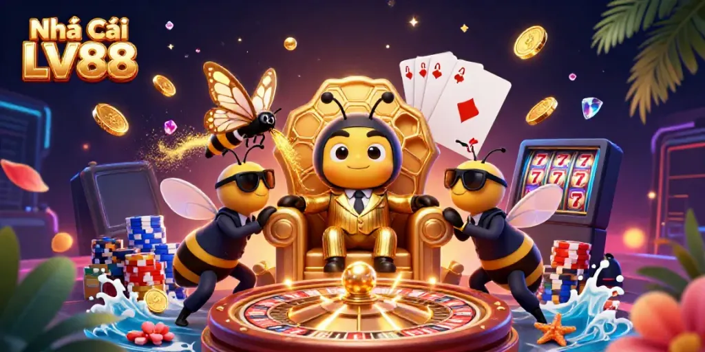 Experience the excitement of Nhà Cái LV88 with a dynamic scene featuring a bumblebee boss and casino elements.