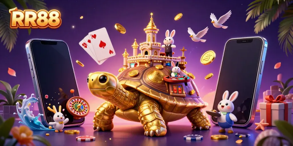 Experience RR88's vibrant casino world with a golden tortoise and thrilling gambling elements.