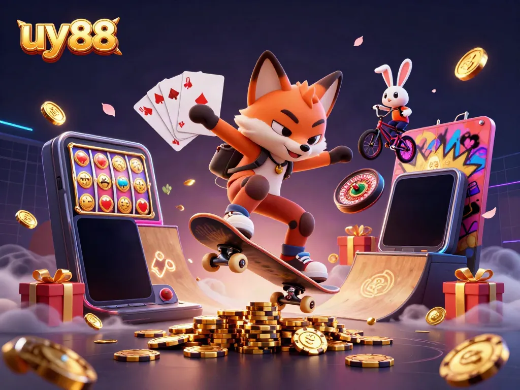 Experience the thrill of uy88 with a vibrant 3D scene featuring a skateboarder fox and BMX rabbit in a casino environment.