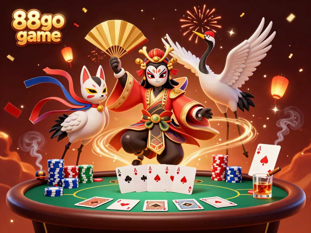 Experience the thrill of the 88go game with a dynamic 3D illustration of kabuki warriors and poker elements.