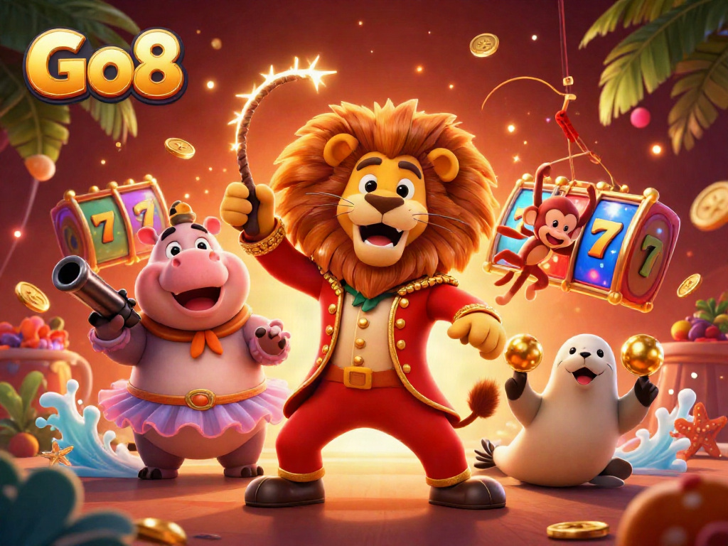 Experience the thrill of Go8 casino with vibrant 3D characters and dynamic slot elements.