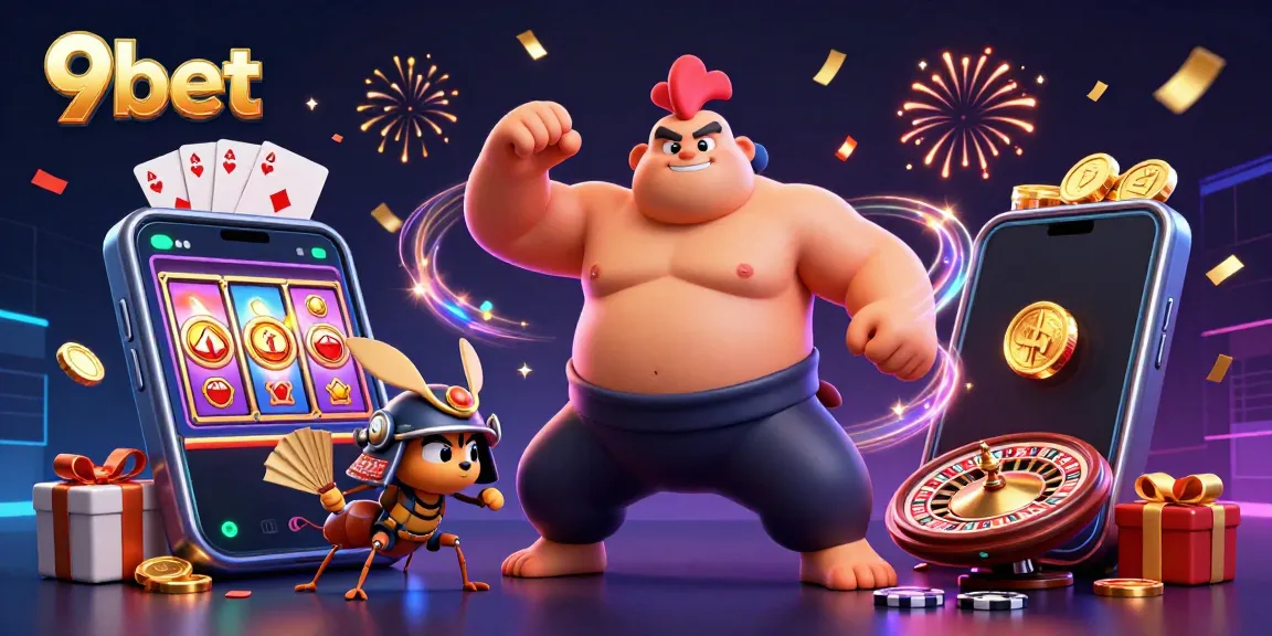 9bet gaming scene with sumo rooster, samurai cricket, and tanuki announcer surrounded by casino elements.