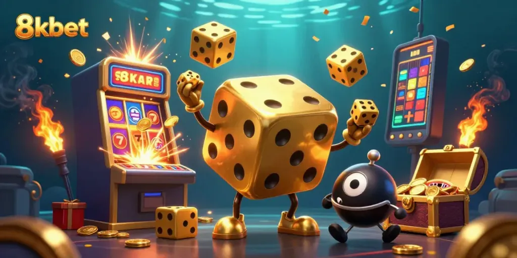 Engage in winning strategies at 8kbet with a golden dice golem and jackpot elements in an underwater casino scene.