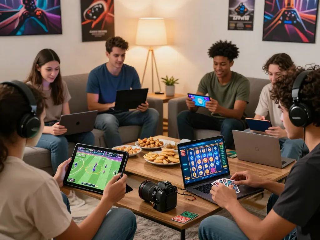 Friends enjoying a lively DA88 gaming experience together on various devices in a cozy living room.
