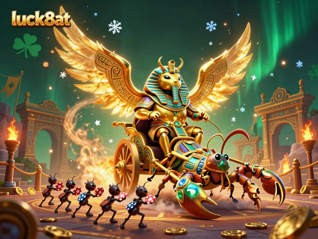 Experience exciting gameplay at luck8at with a captivating illustration of a golden scarab and scorpions amidst a casino backdrop.