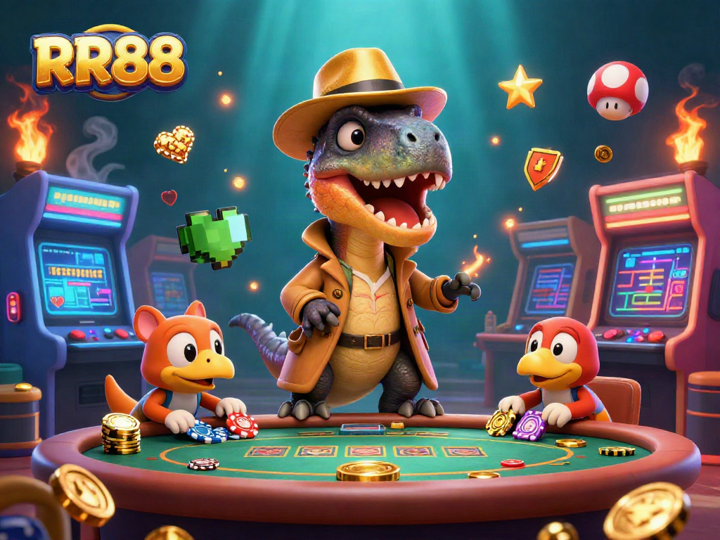 Catch the action at RR88 with a velociraptor card counter in a casino scene surrounded by vibrant gaming elements.