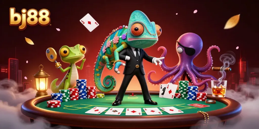 Bettors enjoy a thrilling poker game with bj88, surrounded by colorful chips and unique casino characters.