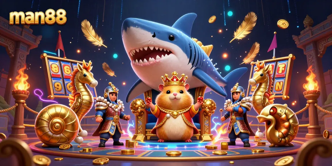 Experience the thrilling action of man88 with a golden hamster king in a vibrant casino scene filled with dynamic elements.