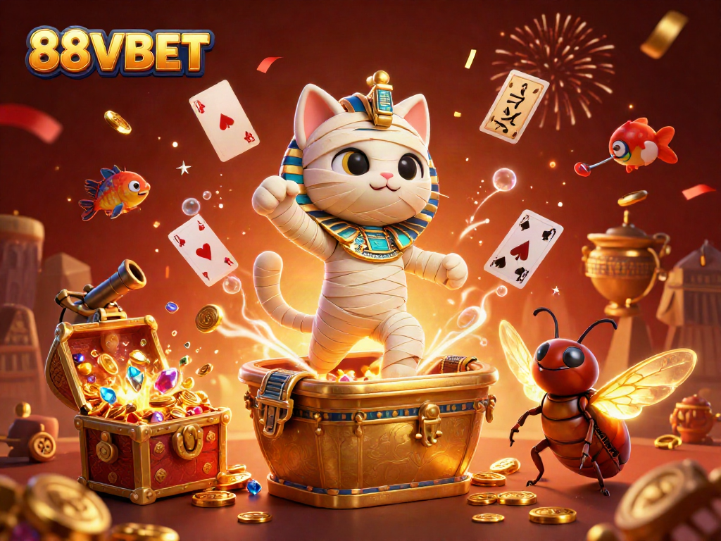 Experience the vibrant energy of 88VBET's online casino with a dazzling mummy cat and scarab in a pyramid!