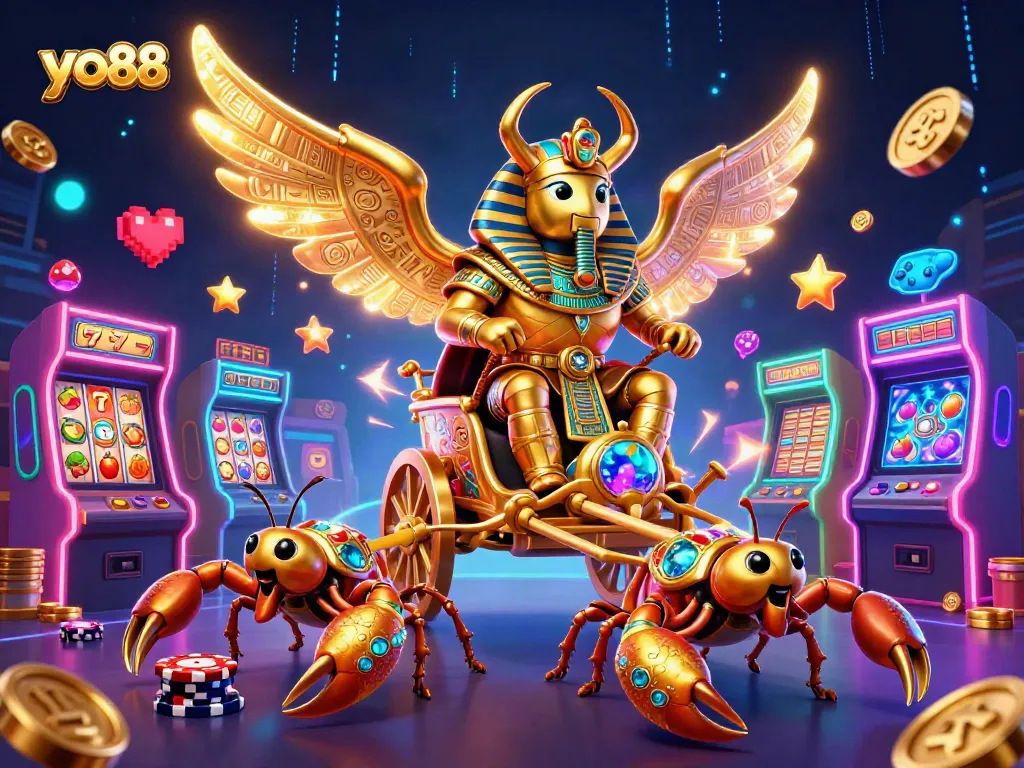 Spin the exciting yo88 slot machines with a dazzling scarab chariot and vibrant casino elements.