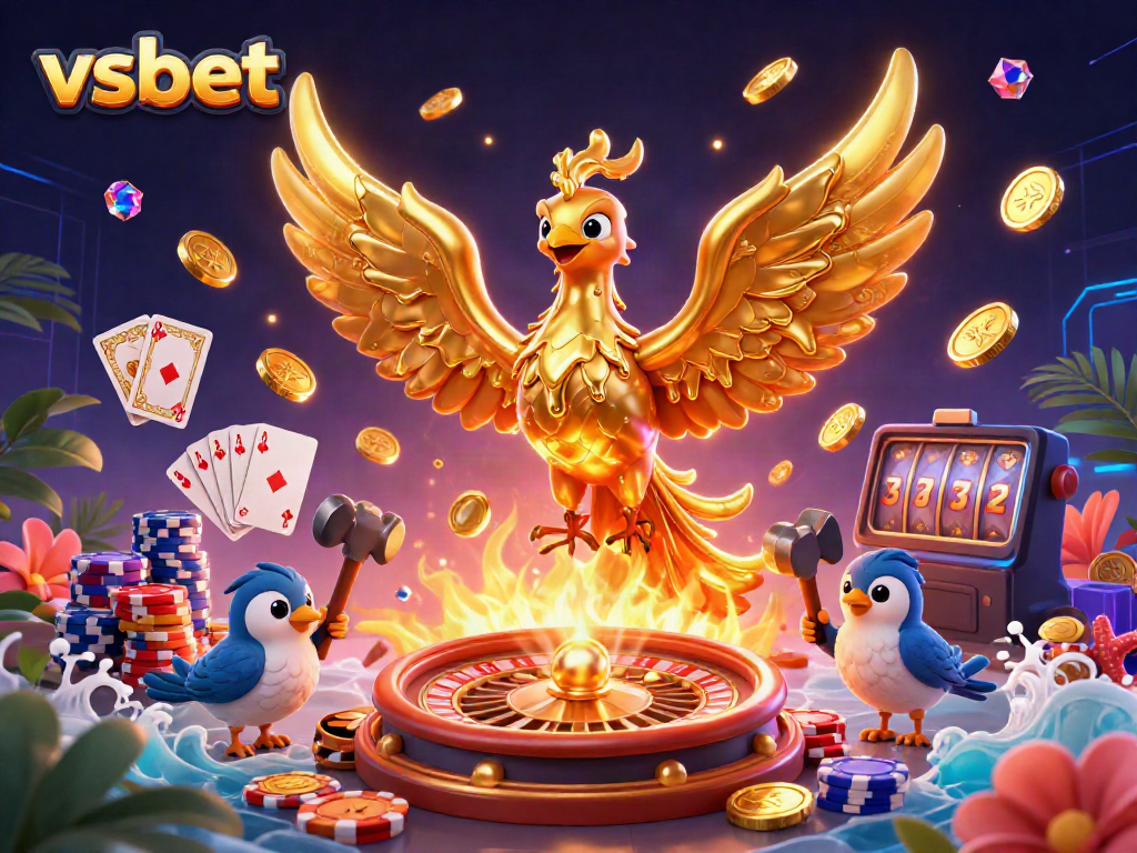 Experience the vibrant world of vsbet with a molten phoenix, casino elements, and dynamic gaming visuals.