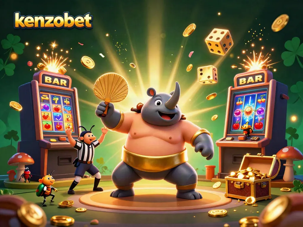 Experience excitement with kenzobet's dynamic casino scene featuring vibrant characters, coins, and games.