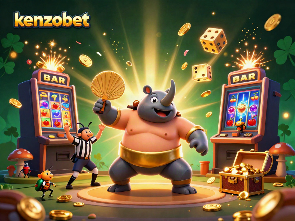 Experience excitement with kenzobet's dynamic casino scene featuring vibrant characters, coins, and games.