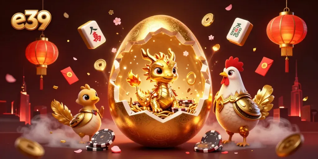 Experience the exciting world of e39 through a vibrant 3D illustration featuring a golden dragon, poker chips, and festive gambling elements.