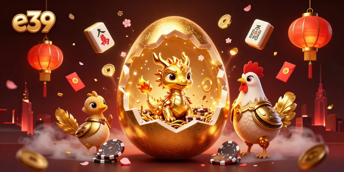 Experience the exciting world of e39 through a vibrant 3D illustration featuring a golden dragon, poker chips, and festive gambling elements.