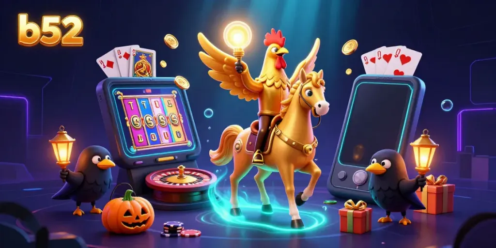 Play engaging casino games with B52's stunning visuals and dynamic characters in this colorful 3D illustration.