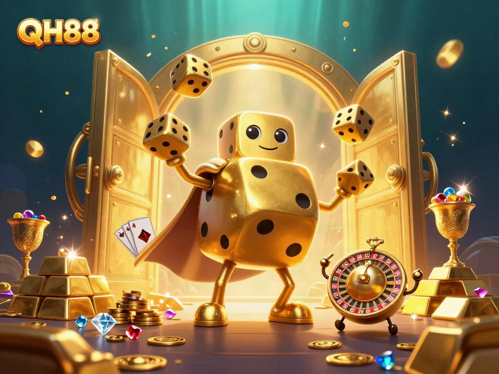Experience the thrilling QH88 gambling scene with golden dice, treasure, and dynamic casino elements.