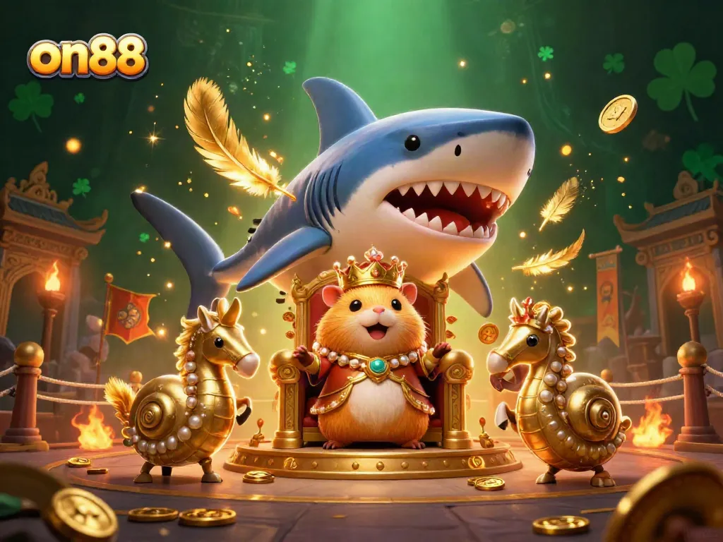 Engage with thrilling gameplay at on88, featuring a whimsical 3D scene of a hamster king on a shark throne amidst casino elements.