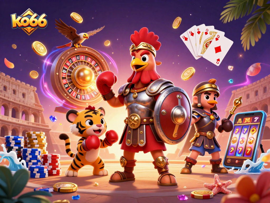 Experience thrilling gameplay at ko66 with a gladiator rooster, gleaming coins, and spinning roulette.