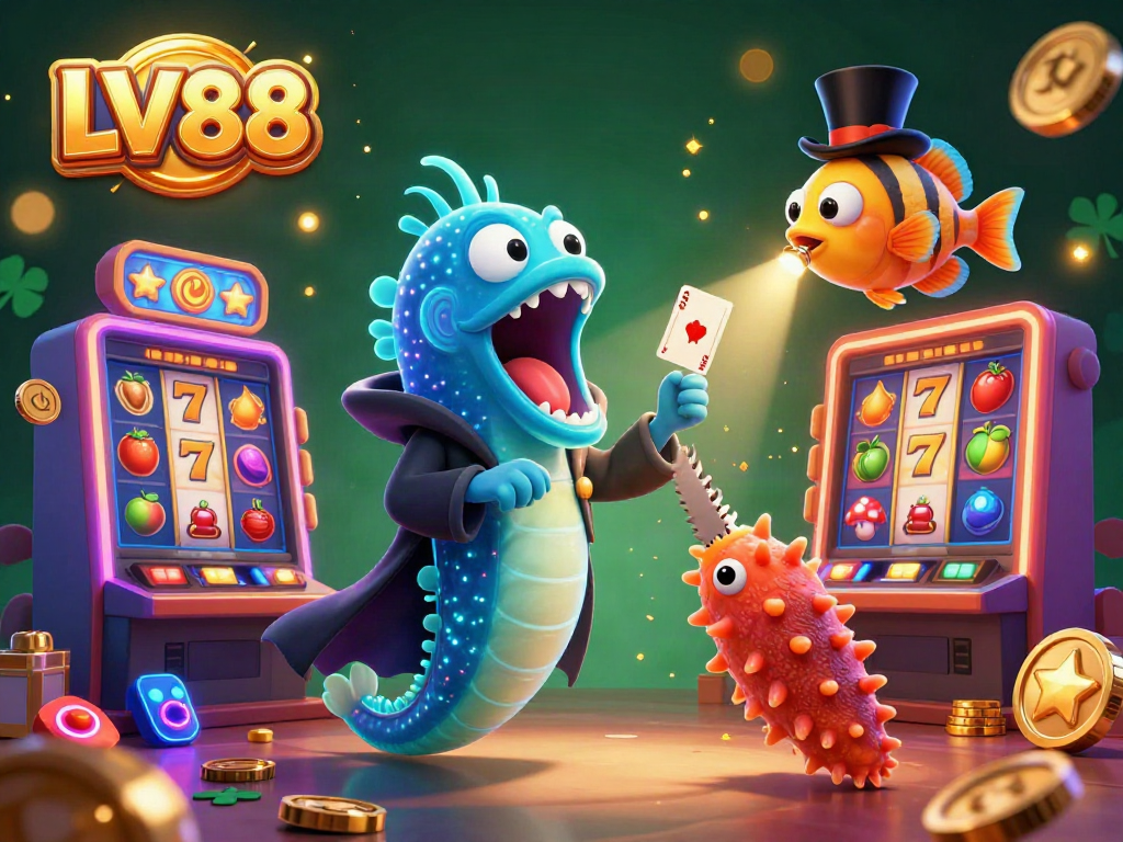 Engage with the unique LV88 casino scene showcasing vibrant slot games and magical characters.