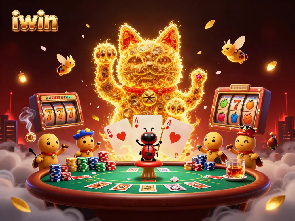 iwin showcases a lively lucky cat surrounded by dynamic slot and poker elements in a vibrant casino scene.
