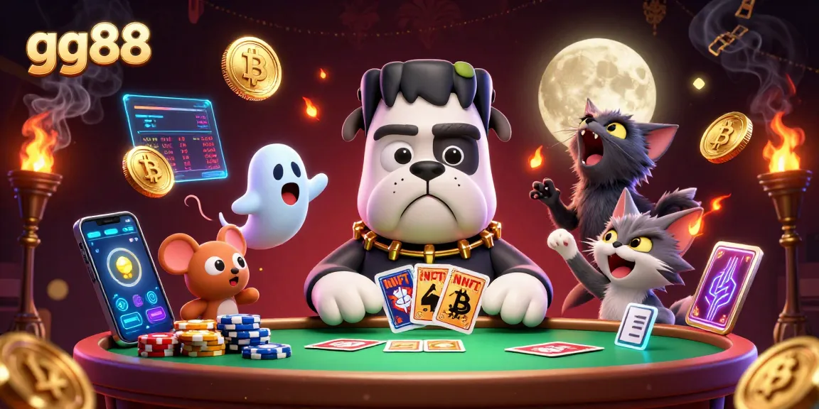 Join the action at GG88 with a 3D cartoon bulldog dealing cards, surrounded by vibrant crypto elements.