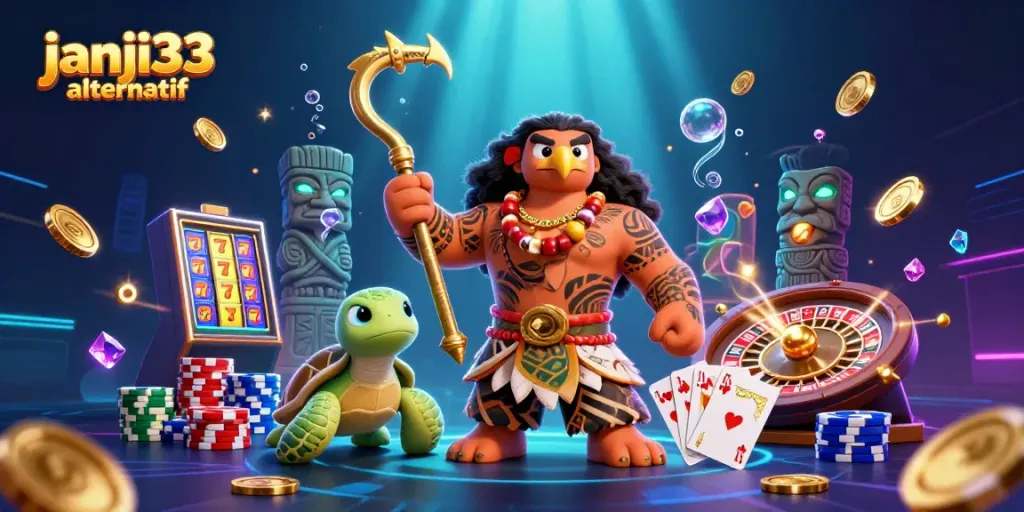 Ilustrasi kasino 3D menampilkan janji33 alternatif dengan dewa Maui dan teman kura-kura, dikelilingi koin emas dan simbol keberuntungan.