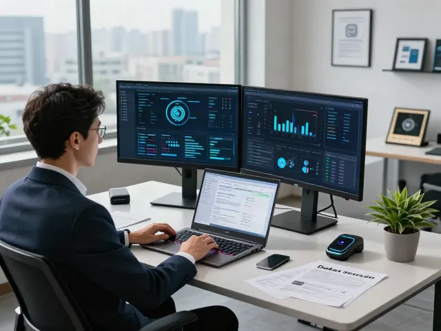 Data security workspace with cybersecurity expert showcasing pecah404 strategies for modern protection