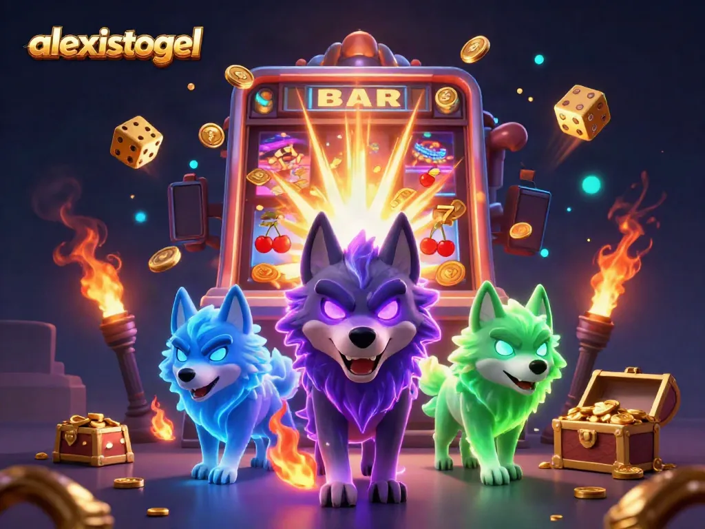 Ilustrasi kasino 3D dengan bayangan serigala, simbol jackpot, dan elemen permainan untuk alexistogel.