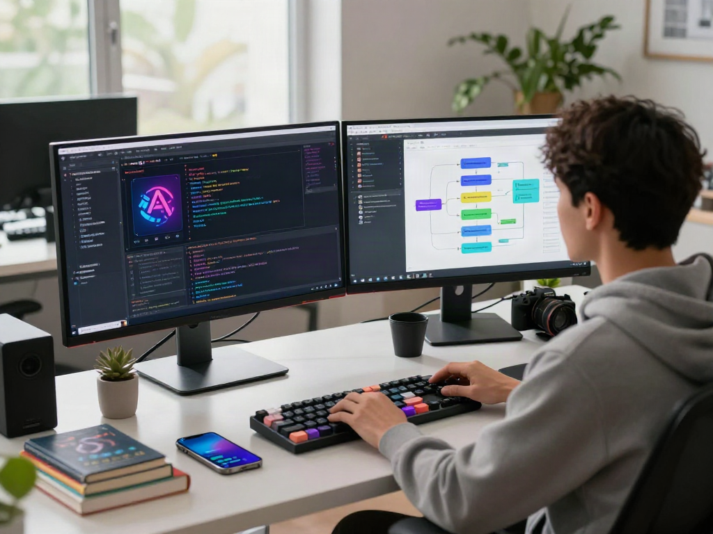 Developer engaged in ai chat nsfw project at a modern workspace with dual monitors displaying coding and chat interfaces.
