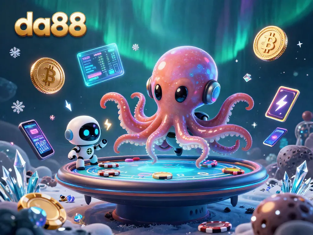 Engage with da88 in exciting holographic poker gameplay with a vibrant alien octopus and crypto elements.