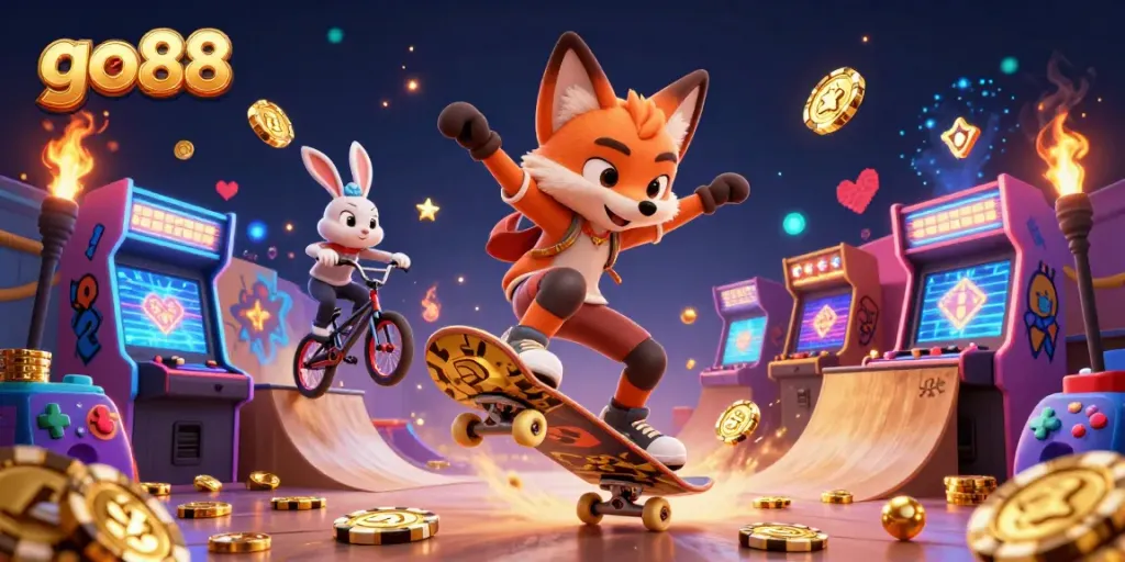Experience go88 gaming action with a vibrant 3D scene of cartoon animals and casino elements.