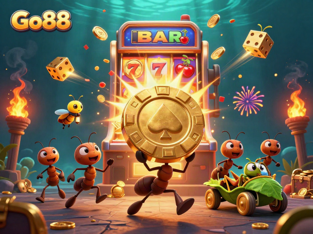 Engage with Go88 to win big with a team of lively 3D ants planning a heist for golden poker chips.