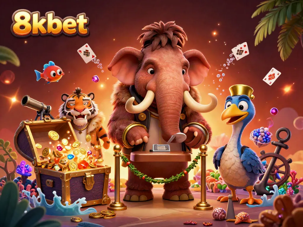 8xbet's vibrant casino scene with a woolly mammoth bouncer and treasures, showcasing thrilling gambling excitement