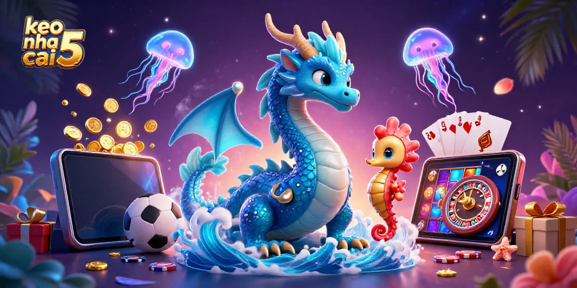 Experience keo nha cai 5 in an enchanting scene with a dragon, seahorse knight, and vibrant gaming elements.