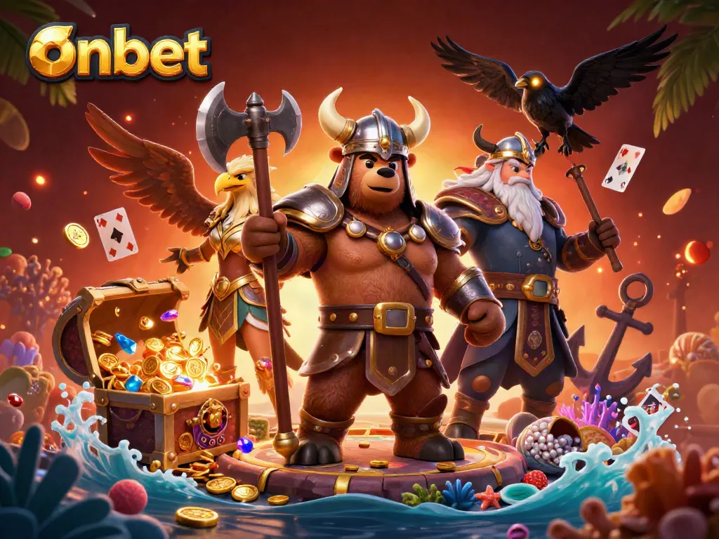 Join the thrilling onbet adventure with this vibrant casino illustration featuring heroic characters amidst spinning slot reels.