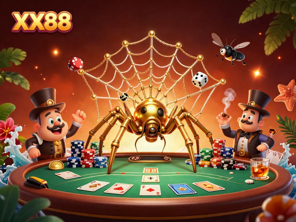 Experience thrilling poker action with XX88 as a golden spider ensnares dice amidst vibrant casino elements.