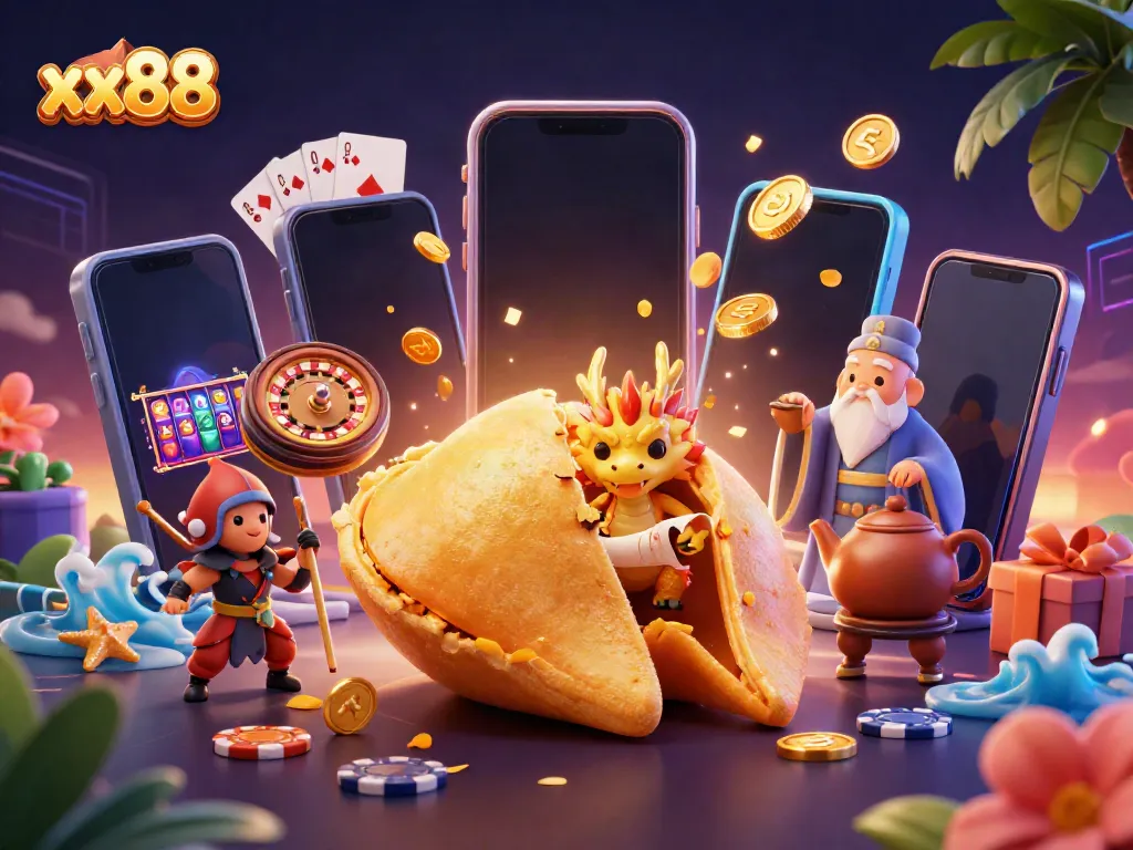 Experience the magic of xx88 with a vibrant casino scene of fortune cookies, dragons, and golden rewards.