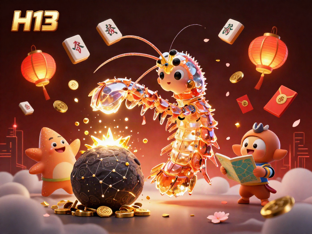 Engage with the excitement of H13's online gaming through vibrant 3D art depicting thrilling casino elements.